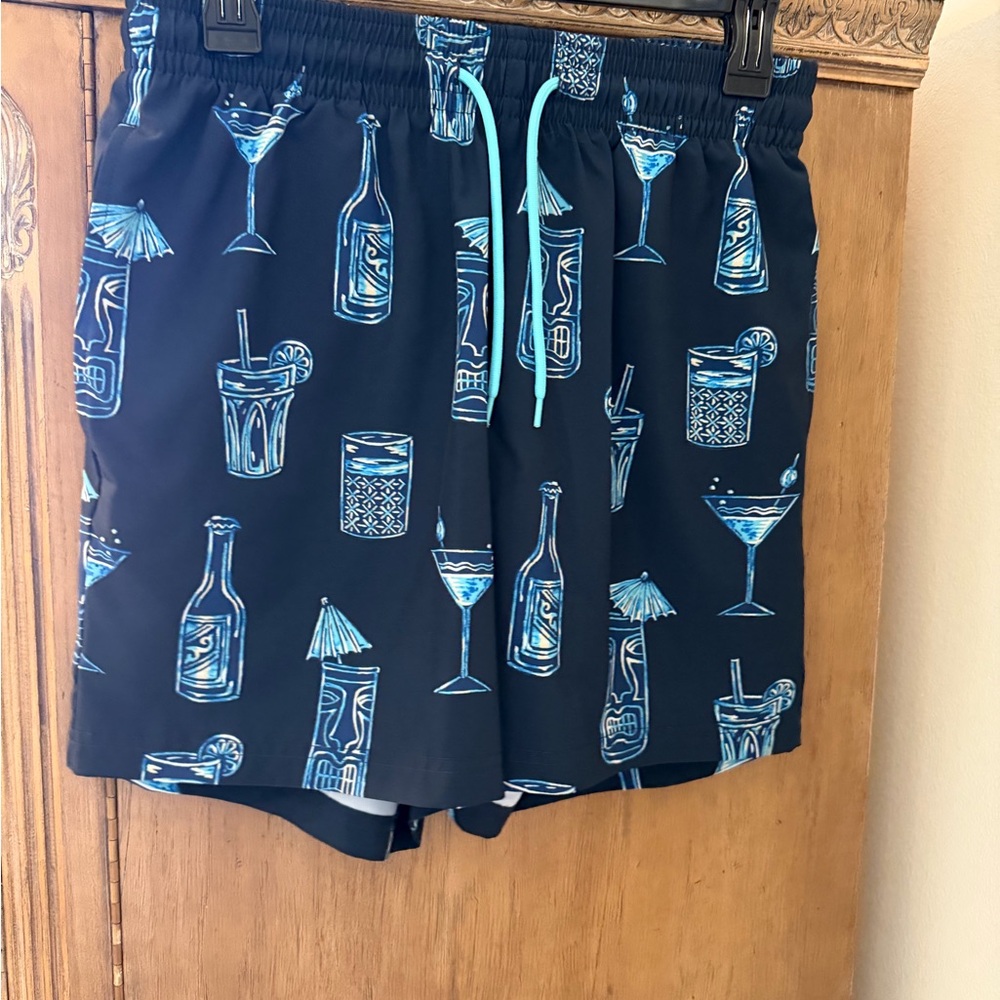 Caribbean Black Swim Trunks with Blue Cocktail Print